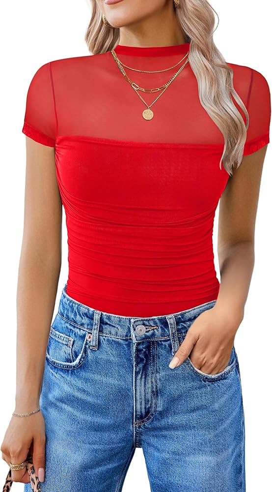 Avidlove Women's Short Sleeve Bodysuit Turtle Neck Body Suits Mesh One Piece Leotard Going Out To... | Amazon (US)