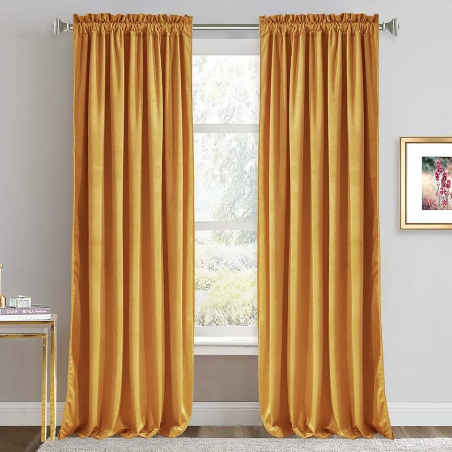 RYB HOME Gold Velvet Curtains 84 inches 2 Panels Set - Plush Soft Modern Decorative Drapes Therma... | Amazon (US)