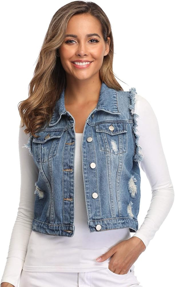 MISS MOLY Women's Denim Vest Sleeveless Distressed Classic Buttoned Washed Jacket Cotton | Amazon (US)