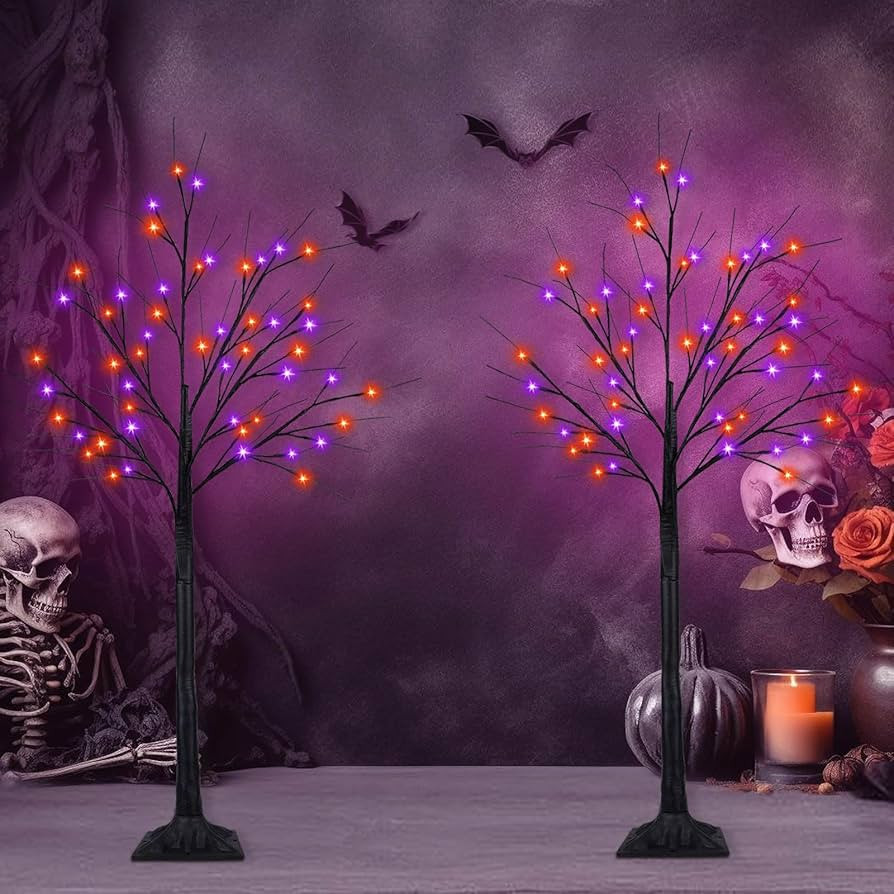 2Pack 4FT 100LED Black Halloween Tree Lights, Timer Function Halloween Trees with Purple and Oran... | Amazon (US)
