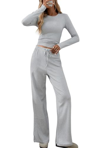 CHYRII Women Two Piece Pant Set Fall Tops Lounge Pants Striped Lounge Sets 2025 Trendy Outfits Sweatsuit White XL | Amazon (US)