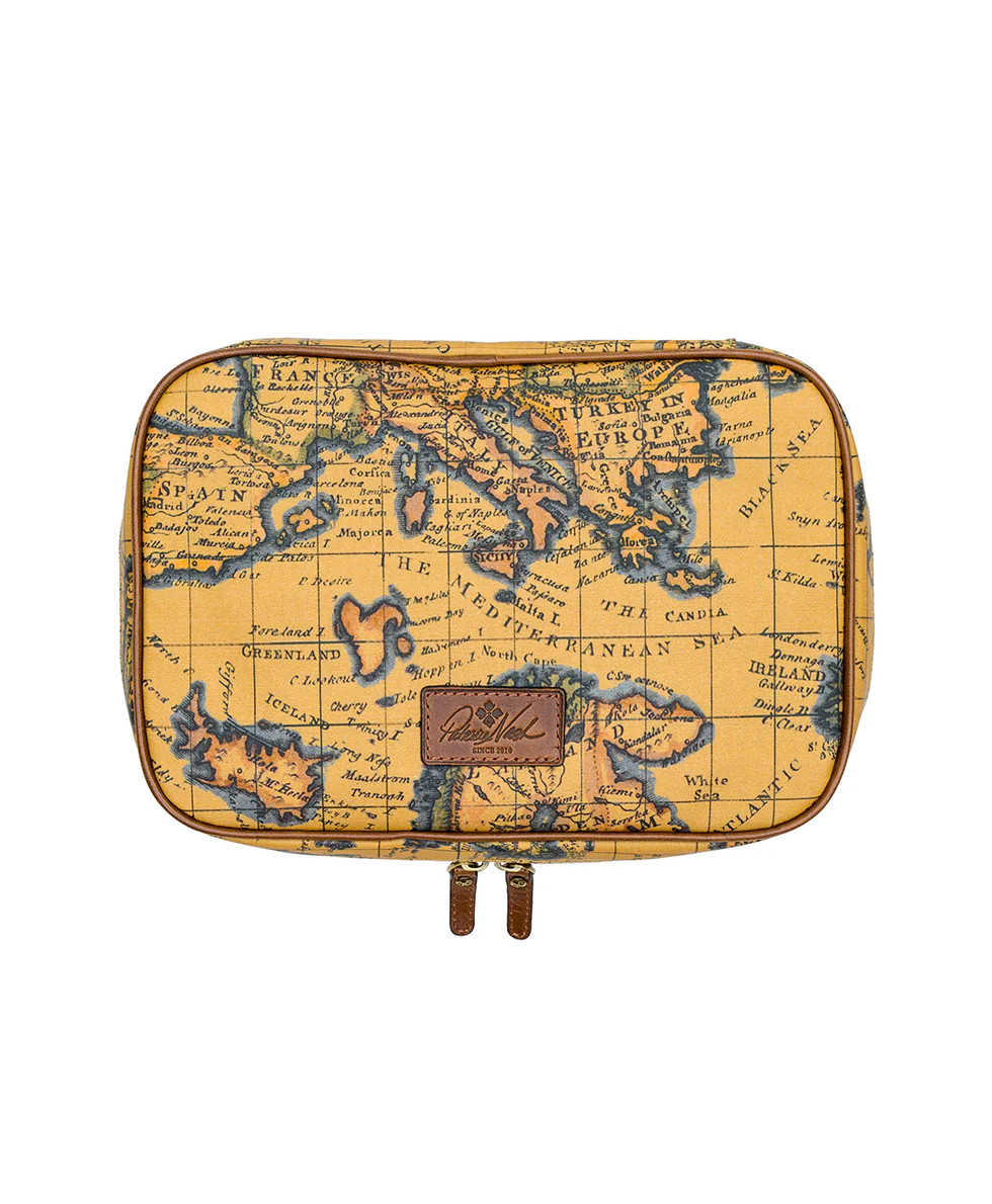 Ilaria Hanging Travel Case 
         Patina Coated Linen Canvas European Map Print | Patricia Nash Designs