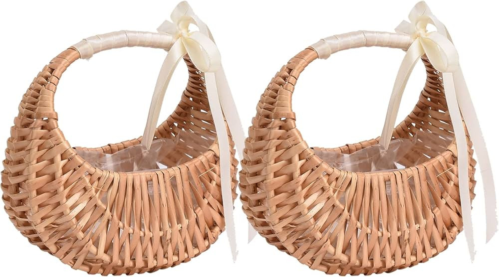 2Pcs Flower Girl Baskets w/Handle and Ribbon Bow,Handwoven Flower Baskets, Flower Basket Woven Ra... | Amazon (US)