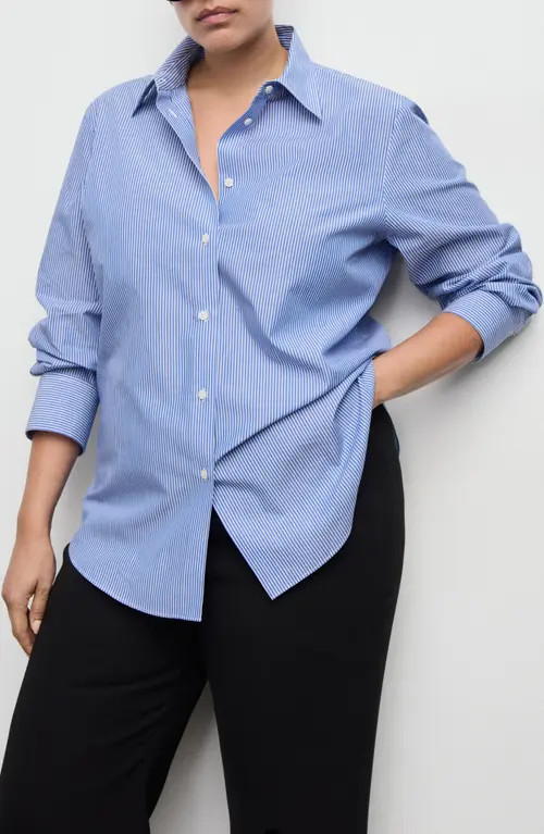MANGO Stripe Poplin Button-Up Shirt in Sky Blue at Nordstrom, Size 4 | Nordstrom