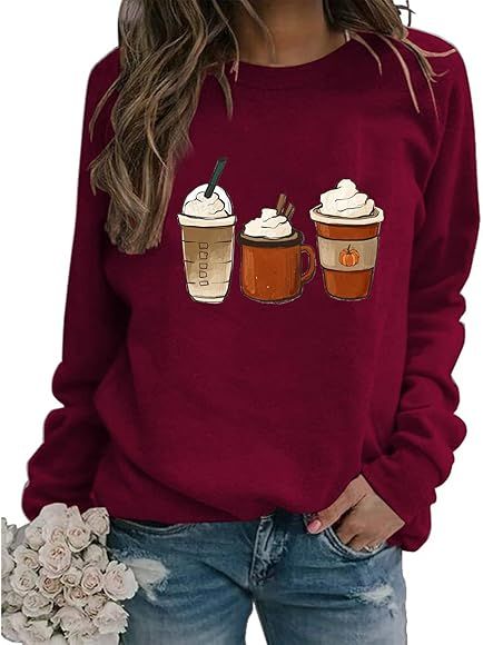 Womens Fall Coffee Sweatshirt Cute Pumpkin Spice Fashion Pullover Long Sleeve Crew Neck Casual Novel | Amazon (US)