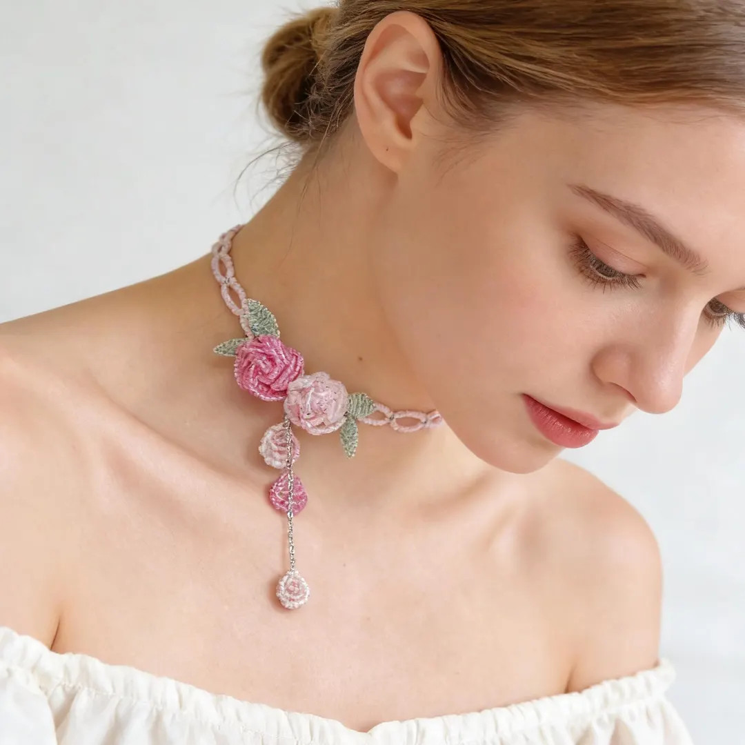 Handmade Beaded Rose Choker, French Romantic Pink Floral Necklace, Delicate Flower Jewelry , Brid... | Etsy (US)