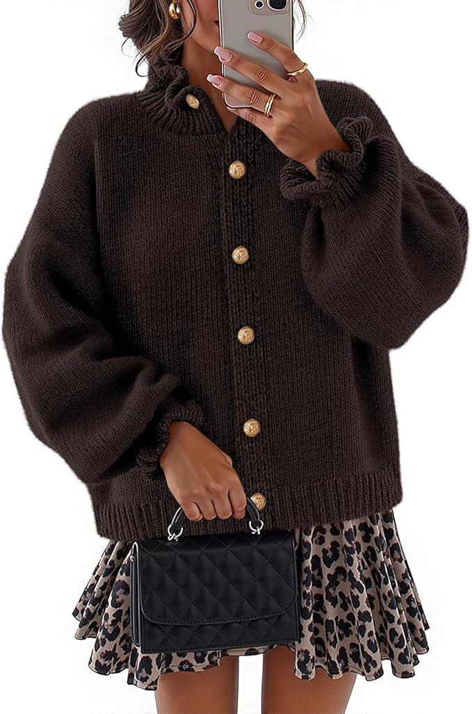 MEROKEETY Women's Fall 2025 Chunky Cardigan Sweaters Trendy Ruffle Button Down Long Sleeve Casual... | Amazon (US)