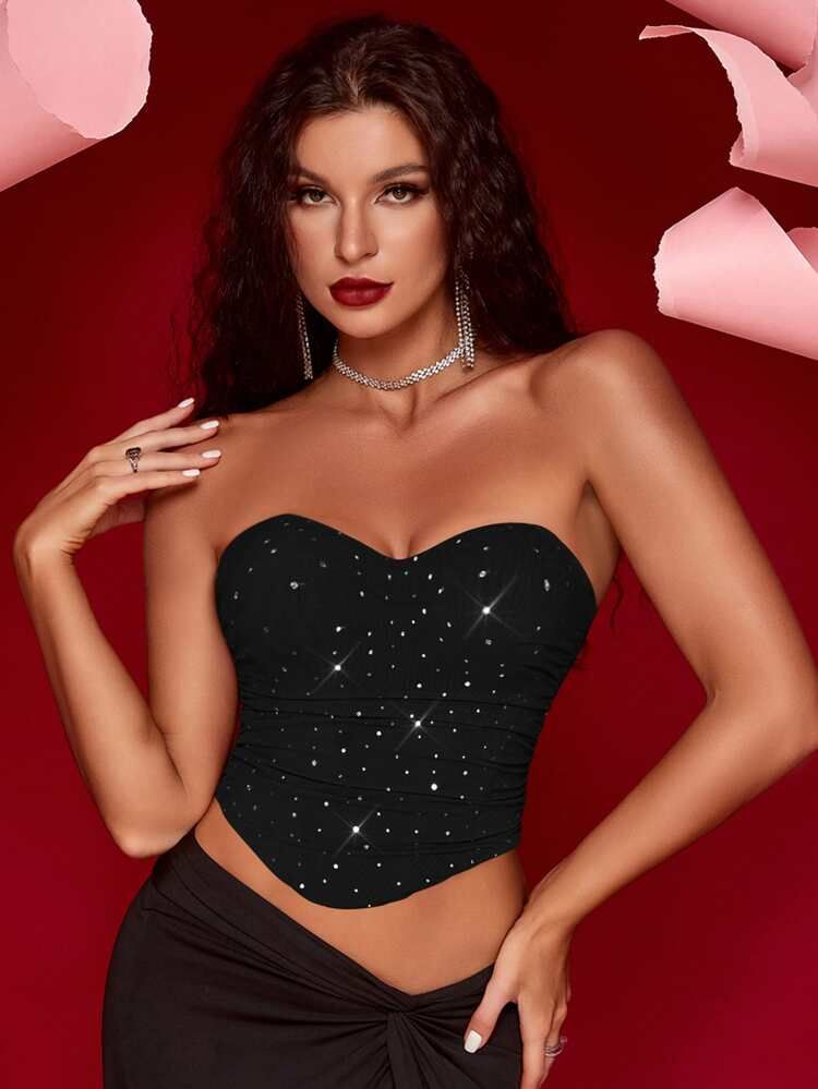 Apperloth A Sequin Decor Grommet Lace Up Back Overbust Corset Top | SHEIN