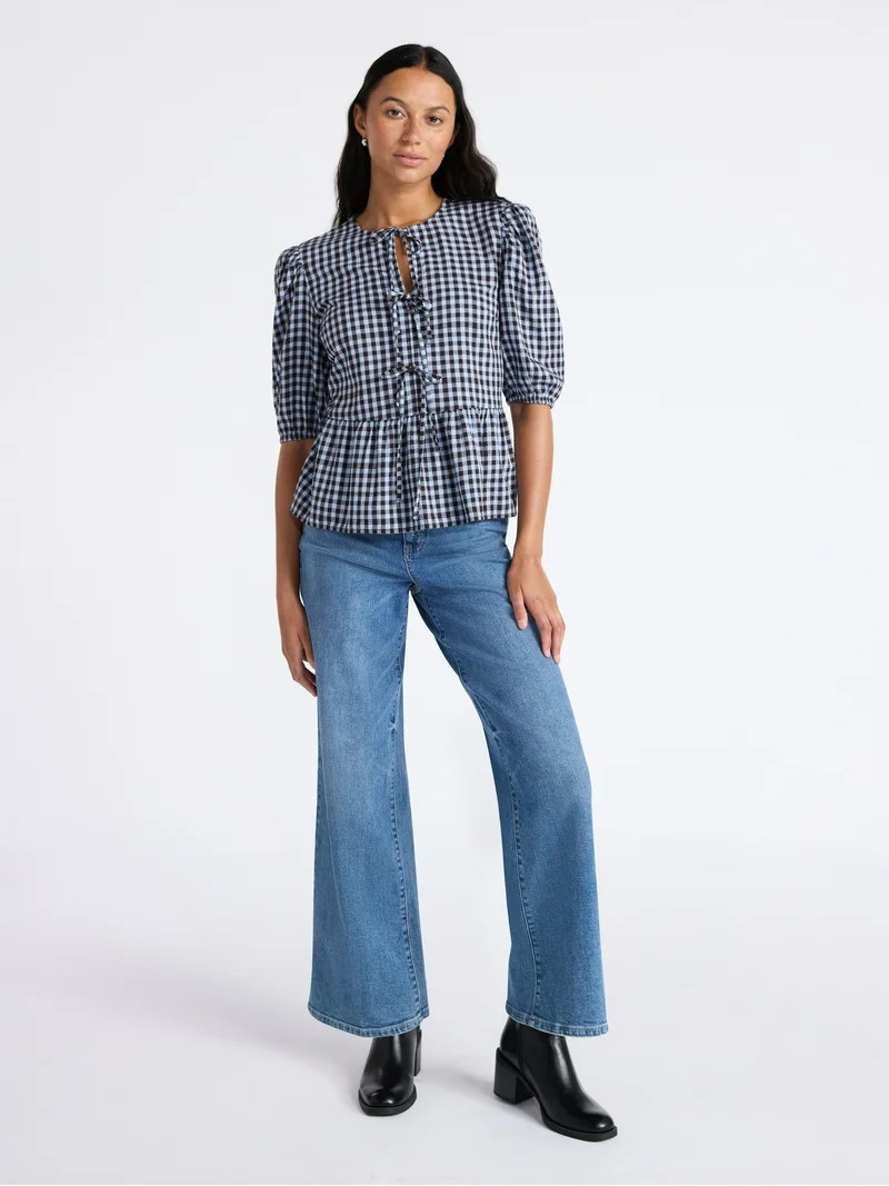 Time and Tru Women's Tie Front Peplum Top with Short Puff Sleeves, Size XS – XXXL | Walmart (US)