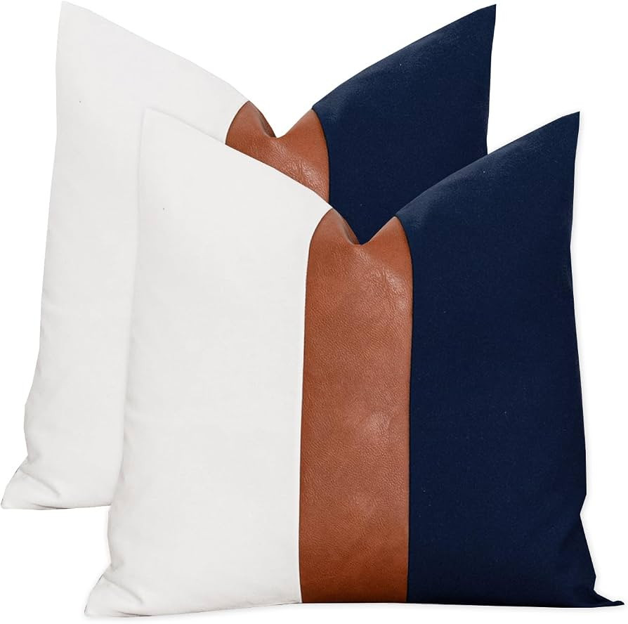 Pack of 2 Faux Leather and Cotton Patchwork Throw Pillow Covers 18x18 Inch Modern Accent Decor Cu... | Amazon (US)