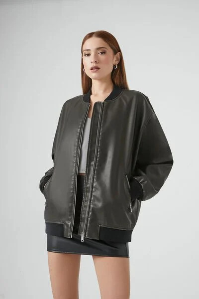 Faux Leather Longline Bomber Jacket | Forever 21 (US)