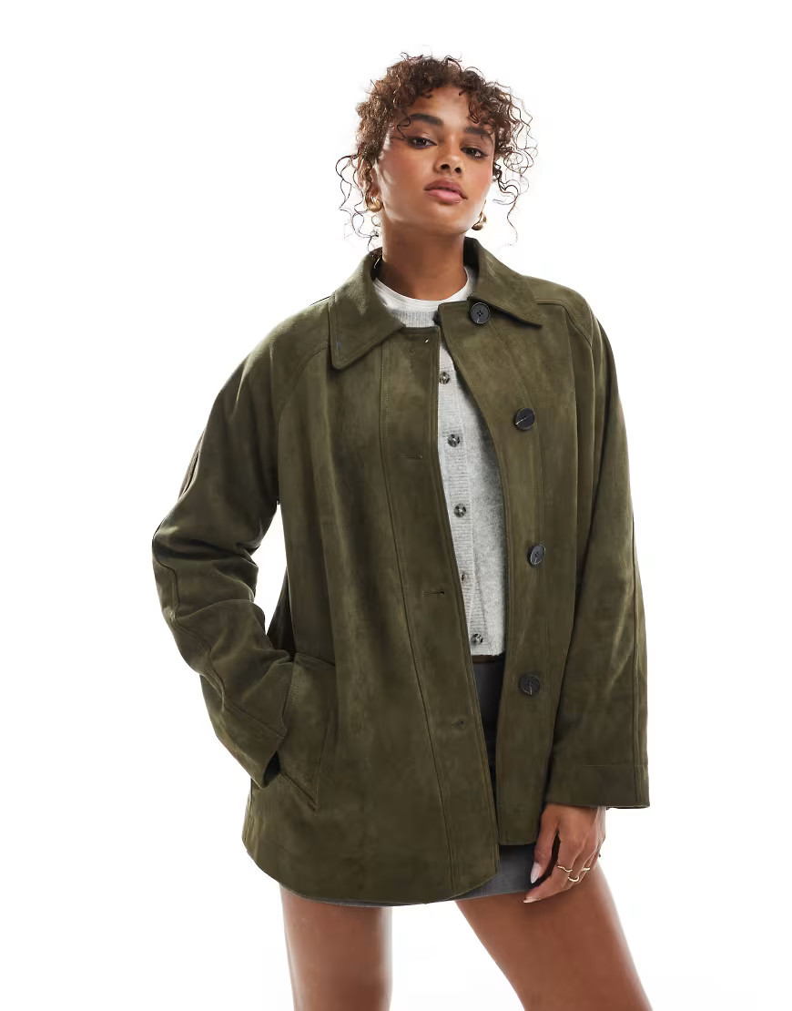 ASOS DESIGN faux suede car coat in olive-Green | ASOS (Global)