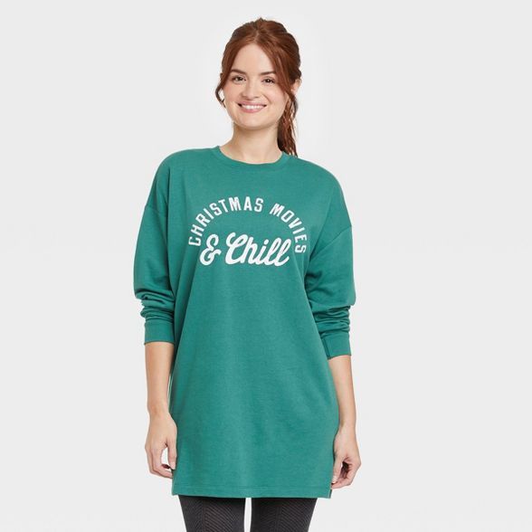 Women's Holiday Christmas Movies & Chill Long Sleeve Graphic Sweatshirt Dress - Green | Target