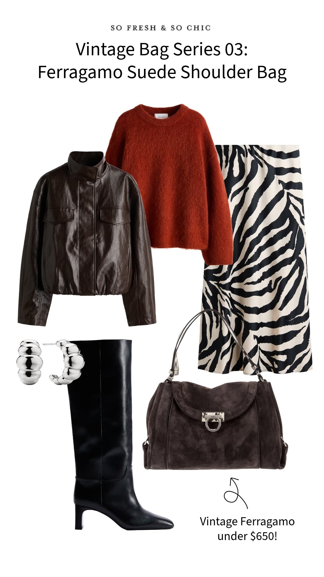 How I would style a vintage brown suede Ferragamo shoulder bag! And it’s under $650!!
/
The real real finds - therealreal finds - vintage bag - vintage Ferragamo - chocolate brown suede bag silver hardware - Mejuri Huggies silver - oversized red mohair sweater H&M - H&M sale finds - zebra print satin midi skirt - knee high black leather boots H&M - brown faux leather high collar jacket - Hermes’ red lipstick - work outfit - date night outfit - girls night outfit ideas 

#LTKootd #LTKWorkwear #LTKMidsize