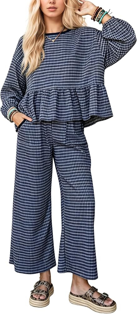 Women Gingham 2 Piece Matching Set Plaid Lounge Outfits Pants Sets | Amazon (US)