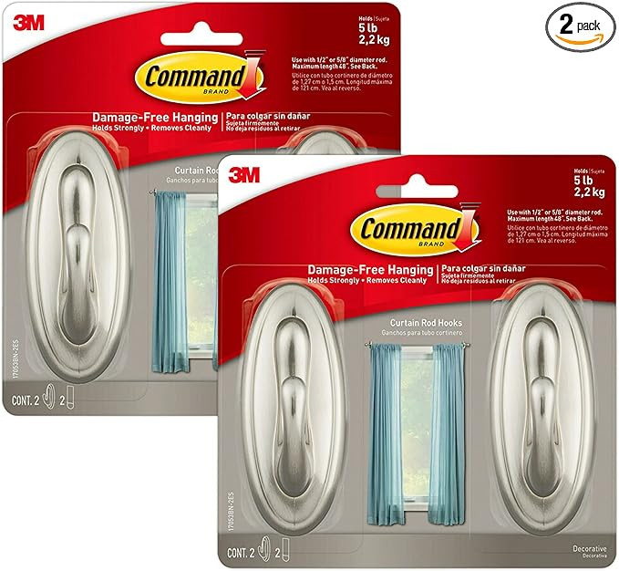 Command Curtain Rod Hooks for 1/2" or 5/8" Diameter Rods, 4 Hooks, Large (2-Pack of 2 Hooks) | Amazon (US)