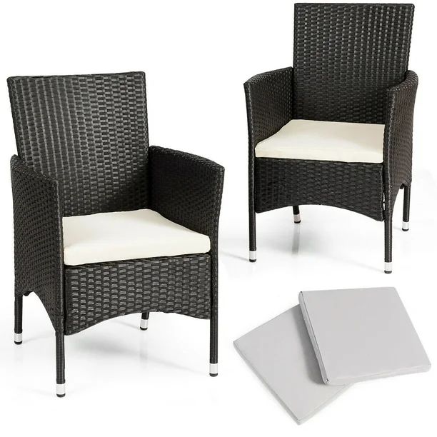 Gymax 2PC Patio Rattan Wicker Dining Chairs Set Black With 2 Set Cushion Covers | Walmart (US)