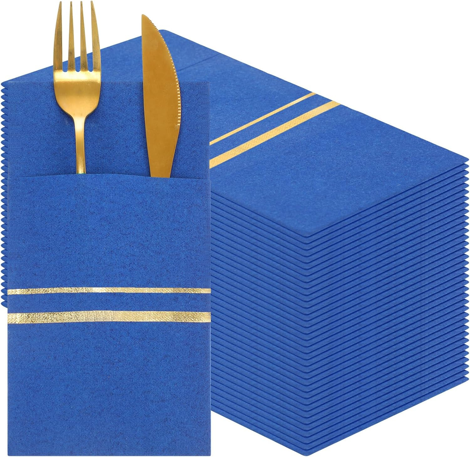 100 Pack Disposable Dinner Napkins with Pocket, Royal Blue, Gold | Amazon (US)