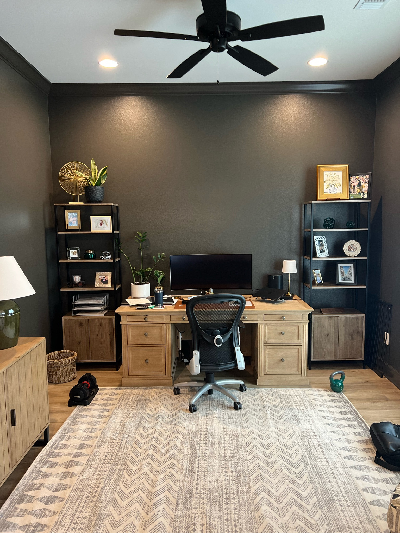 Office rug / dark office style / urbane bronze office / pottery barn / Wayfair / green lamp 

#LTKHome #LTKSummerSales