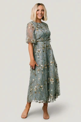 Arabella Embroidered Tulle Maxi Dress | Dusty Blue Floral | Baltic Born