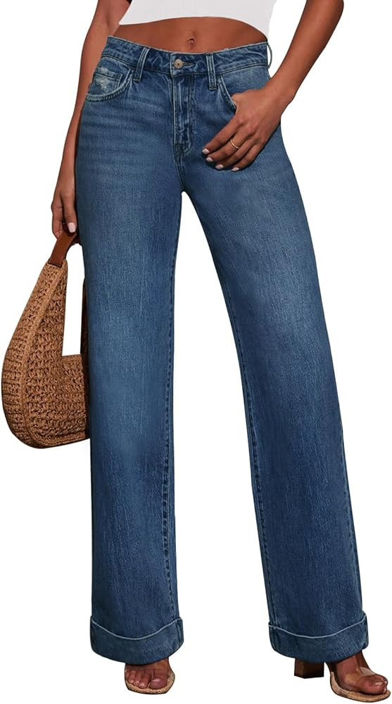 KUNMI Jeans for Women Wide Leg Baggy High Waist Boyfriends Straight Leg Stretchy Denim Pants Tren... | Amazon (US)