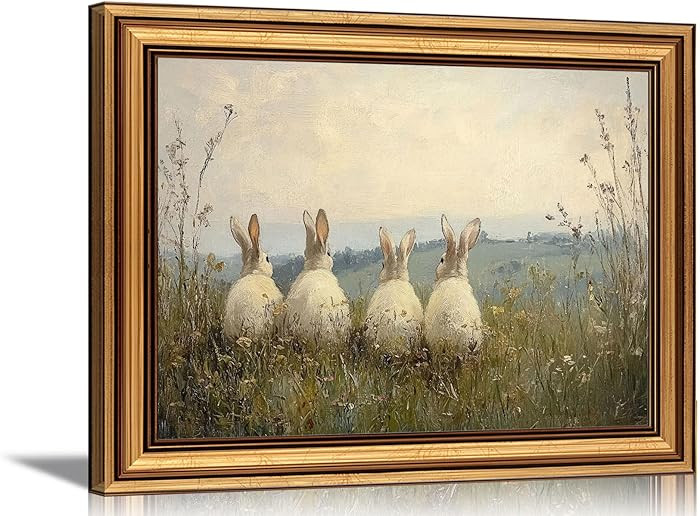 Vintage Gold Framed 3D Textured Wall Art Easter Four Rabbits In Meadow Oil Painting Wall Decor Pi... | Amazon (US)