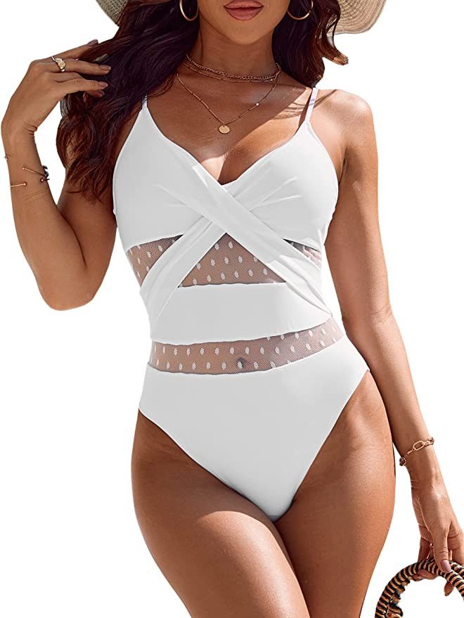 BMJL Womens V Neck Tummy Control Swimsuit Sexy One Piece Bathing Suit Mesh Swimwear | Amazon (US)