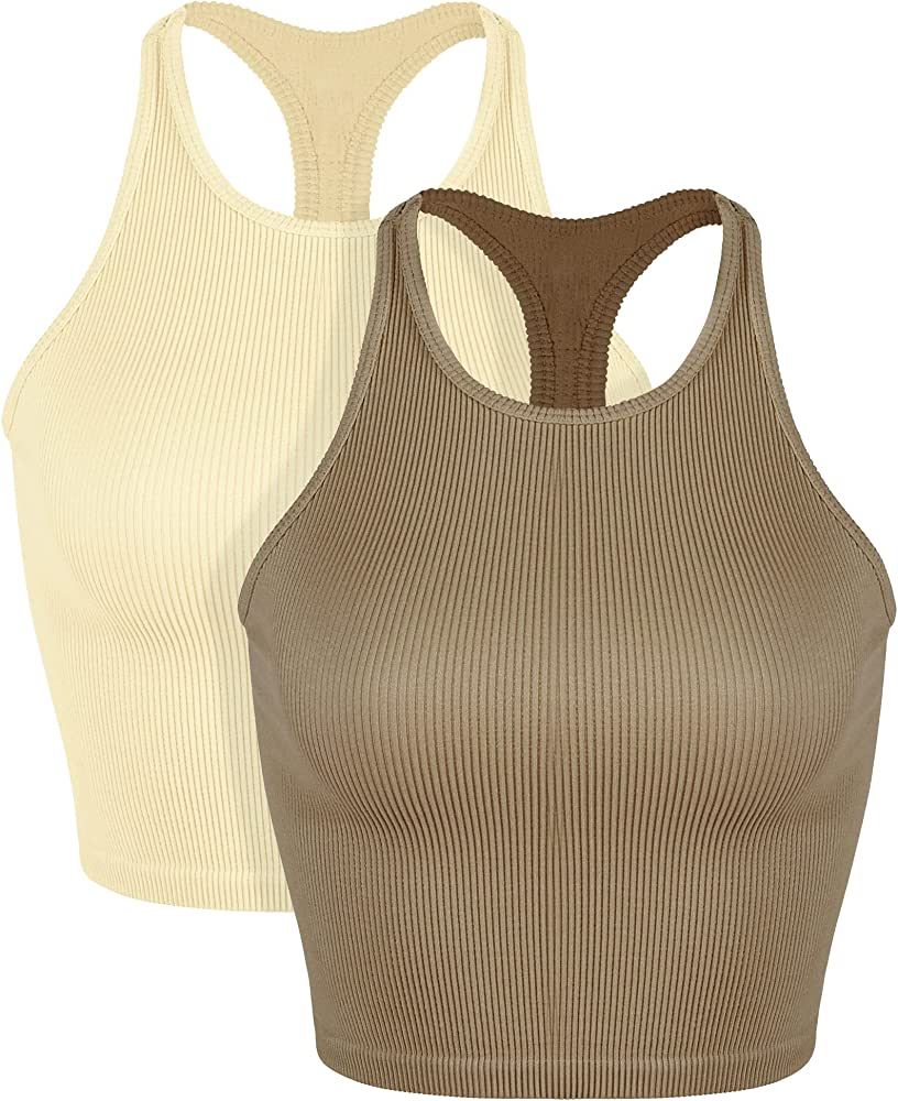 ODODOS Women's Crop 3-Pack Washed Seamless Rib-Knit Camisole Crop Tank Tops | Amazon (US)