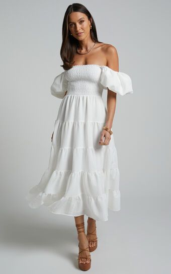 Maxima Midi Dress - Puff Sleeve Shirred Bodice Tiered Dress in White | Showpo (ANZ)