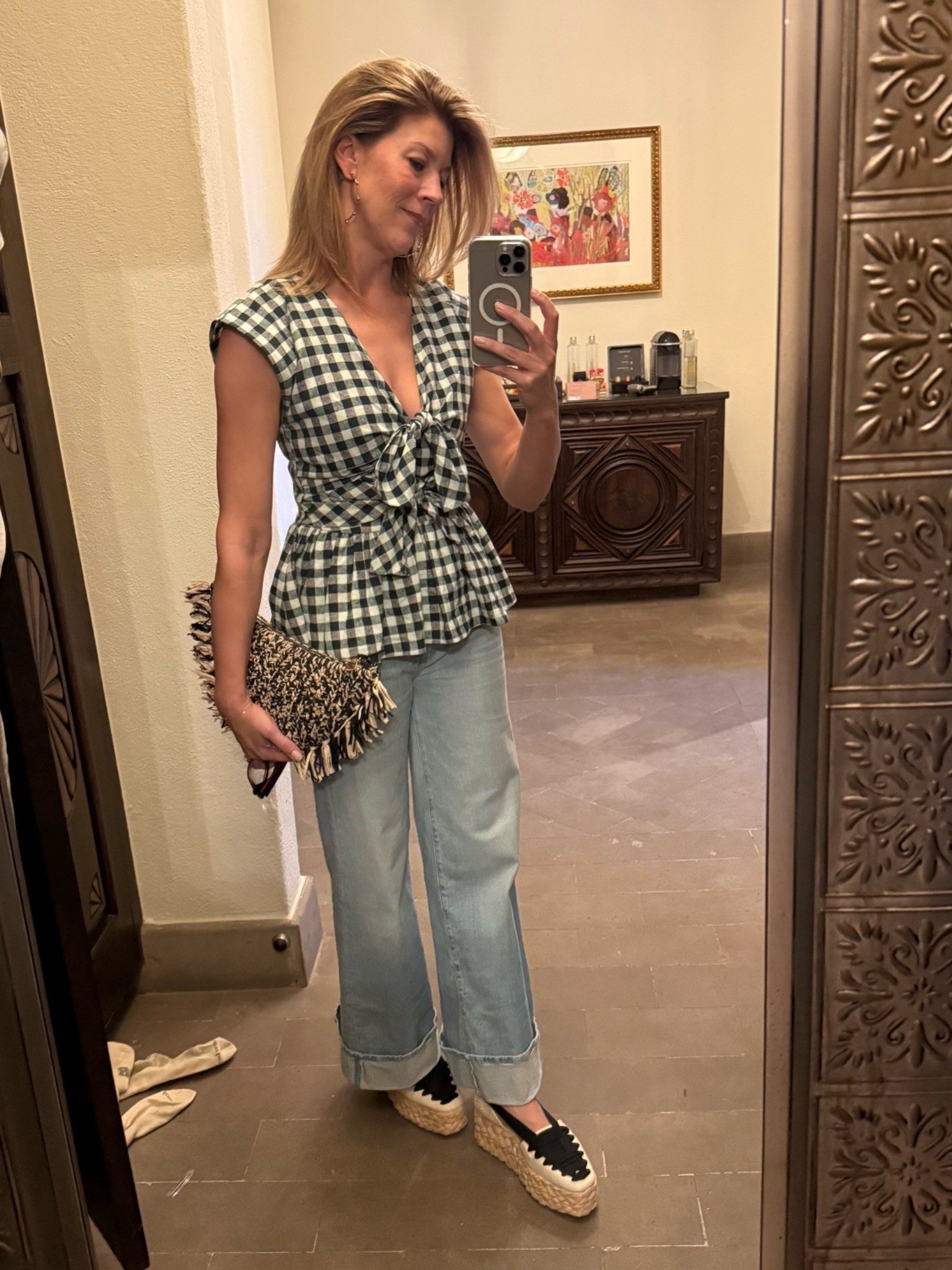 Fourth and last rooftop dinner outfit in San Miguel! I love this top, the fit is adjustable and the style also comes in dresses! I sized down to get it really snug. Denim is on SALE! I hemmed the jeans with the stitch gun and probably should have worn them longer or full length to look dressier? I didn’t have time to adjust and play with it.

#LTKSeasonal #LTKOver40 #LTKTravel