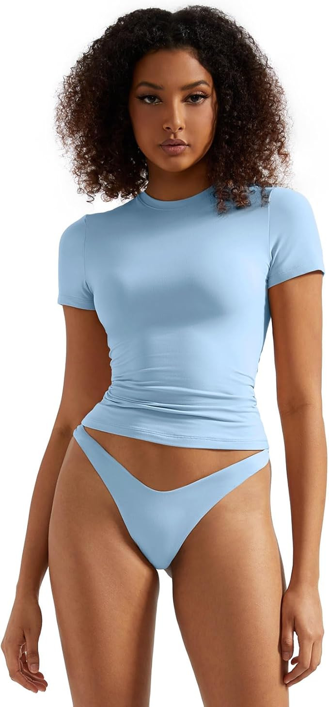 SUUKSESS Women Double Lined Fitted Basic Tee Crew Neck Short Sleeve Y2K Crop Top | Amazon (UK)