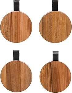 Bloomingville Acacia Wood Black Leather Tabs, Set of 4 Coaster, 4", Natural | Amazon (US)