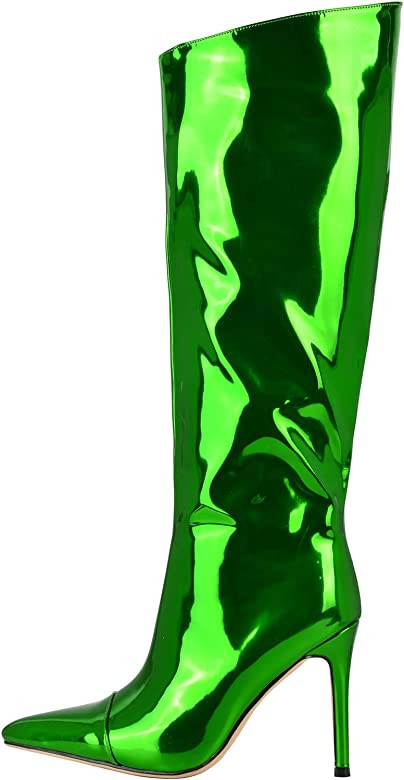 Women's Knee High Boots Sexy Pointed Toe Stiletto Heel Boot Metallic Leather Zipper Booties Dress... | Amazon (US)