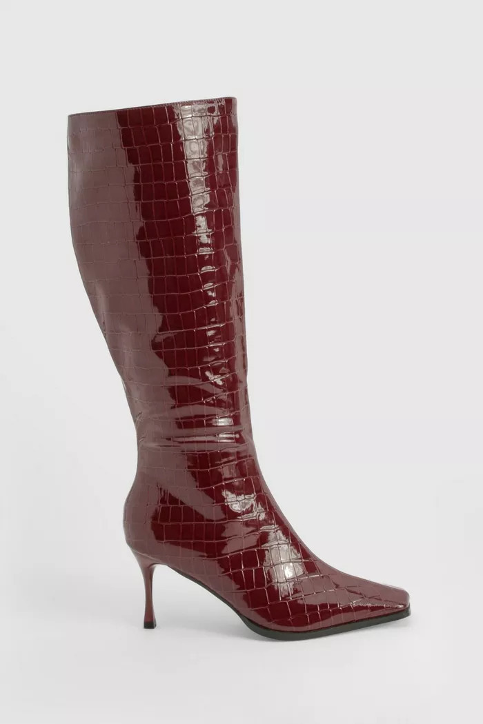 High Shine Croc Pointed Toe Heeled Boots | Boohoo.com (UK & IE)