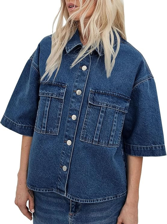 Imily Bela Womens Cropped Denim Jackets Oversized Fall Casual Short Sleeve Jean Shirts Shackets w... | Amazon (US)