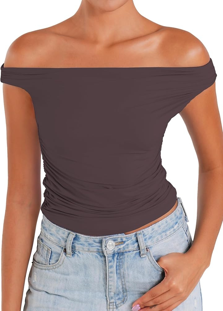 Sunzel Women's Off Shoulder Sleeveless Crop Top, Y2K Trendy Going Out Tank Shirt, Asymmetrical Ne... | Amazon (US)