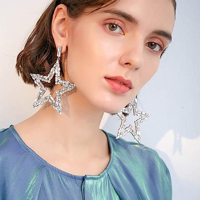 Xerling Full Crystal Rhinestone Star Dangle Hoop Earrings Big Star Drop Earrings Bling Sparkly Ea... | Amazon (US)