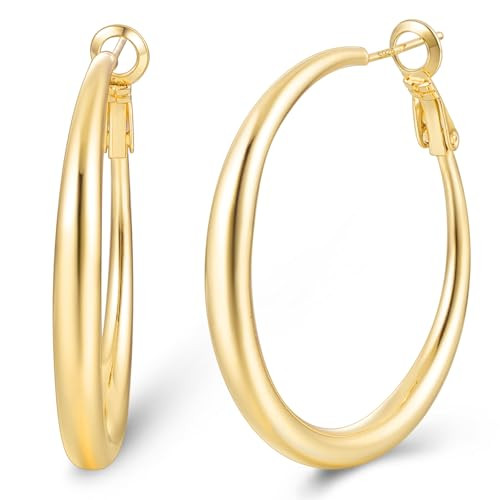 Jewlpire Medium 14K Gold Plated Hoop Earrings for Women, 14K Gold Plated Hoop Earrings, 40mm Lightweight Earring for Women Jewelry Gifts for Her | Amazon (US)