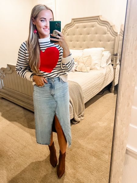 Valentine’s Outfit | Heart Sweater | Denim Skirt | Denim Midi Skirt | Brown Booties | Red White Blue | Festive Outfitts

#LTKSeasonal #LTKshoecrush #LTKworkwear