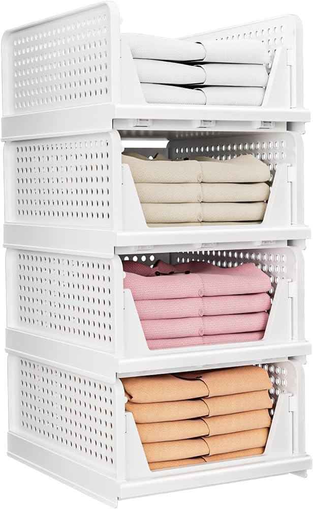 CTSNSLH 4 Pack Folding Closet Organizers Storage Box, Stackable Plastic Drawer Basket for Clothin... | Amazon (US)