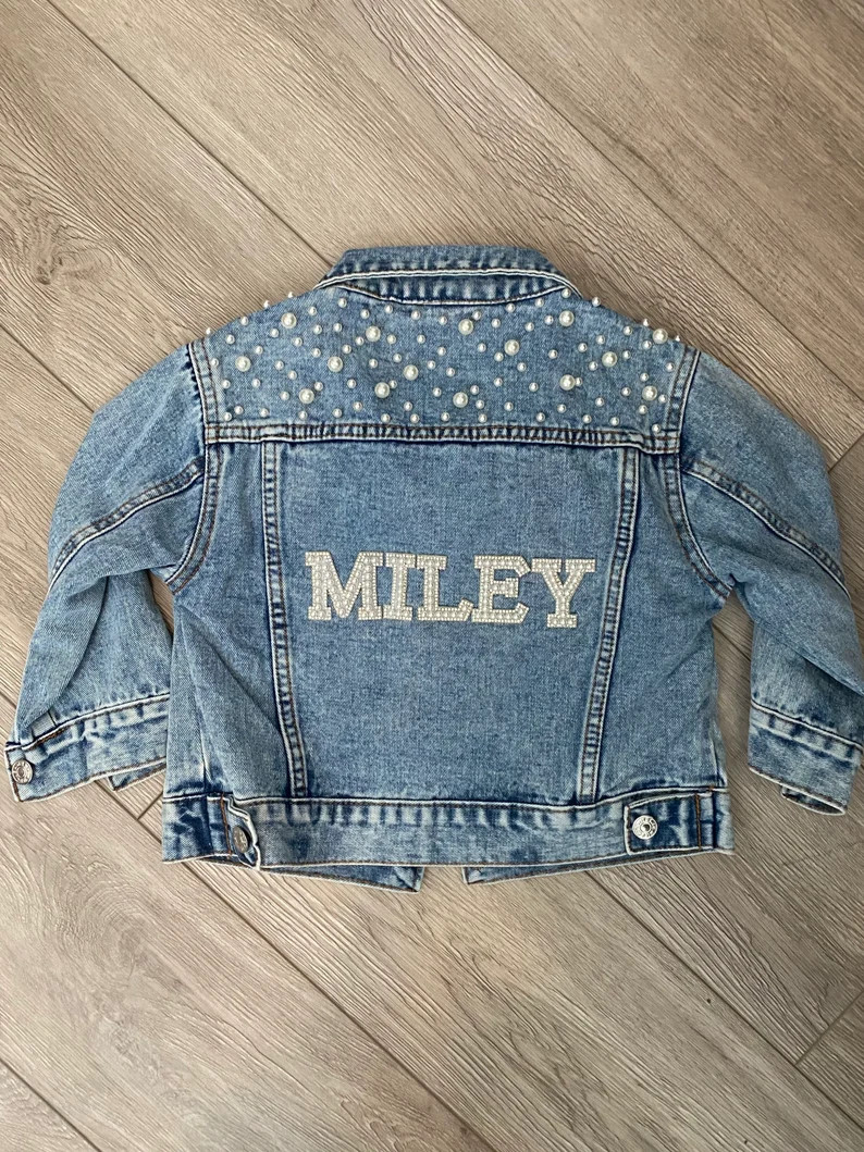 Little Girls Personalized Blue Pearl Denim Jacket Flower Girl Jean Jacket Baby Denim Jacket Toddl... | Etsy (US)