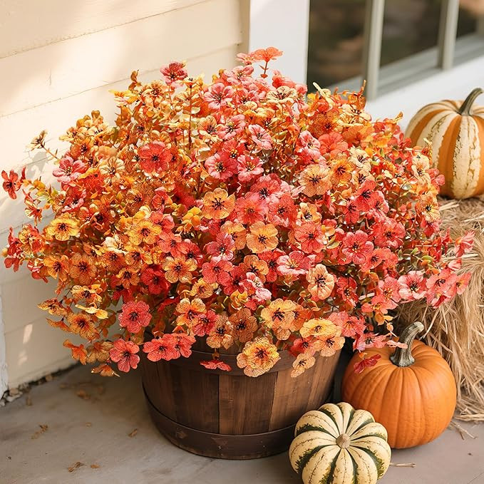 Artificial Fall Flowers Fake Mums for Outdoor Autumn Decoration, 12 Bundles Faux Silk Orange Yell... | Amazon (US)
