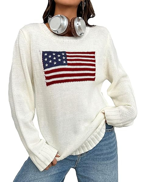 SweatyRocks Women's Flag Pattern Long Sleeve Round Neck Sweater Casual Loose Pullover Sweater | Amazon (US)