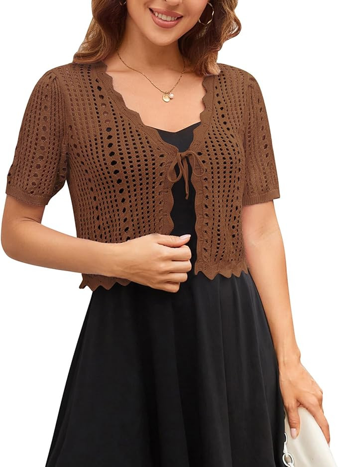 Kate Kasin Women Crochet Shrug Knit Sweater, Short Sleeve Cropped Cardigan | Tie Front Tops Light... | Amazon (US)