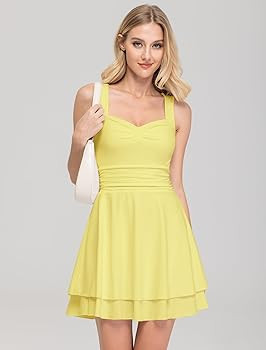 IWD Women's Square Neck Sleeveless Mini Dress Ruched Waist Tiered Ruffle Hem A Line Short Dresses | Amazon (US)