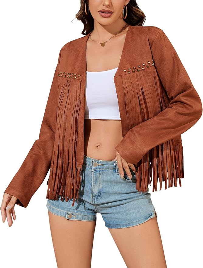 Leather Jacket Women Oversized Fringe Cropped Faux Suede Long Sleeve Western Cowgirl Motorcycle C... | Amazon (US)