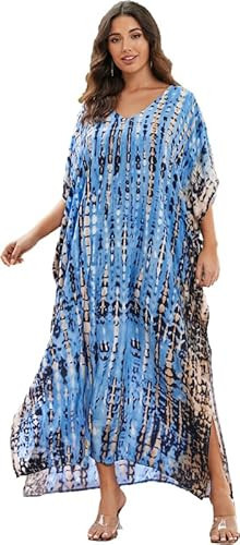Swimsuit Cover up Blue Stripe Caftan Women's Plus Size Caftans Stripe Print tie dye Vneck Kaftans Loose Soft Kaftan Dresses Loungewear Light Weight Side Split Beach Maxi Dresse 730-31 (A-Blue) | Amazon (US)