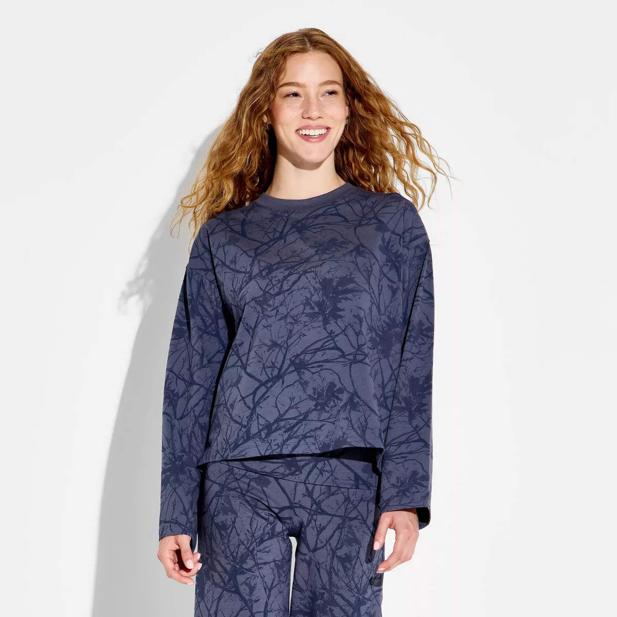 Women's Oversized Long Sleeve Roundneck T-Shirt - Wild Fable\u2122 Slate Blue Floral L | Target