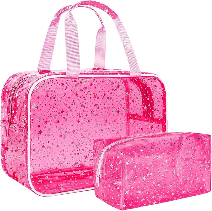 2PCS Clear Star Print Waterproof Makeup Bag, Lagre PVC Cosmetic Pouch with Zipper, Travel Toiletr... | Amazon (US)