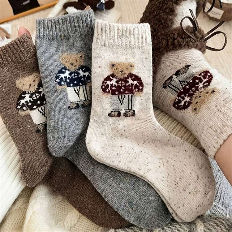 5 Pairs Women's Winter Mid-Calf Socks - Cozy Thermal Lined Teddy Bear & Mushroom Design, Soft Ani... | SHEIN